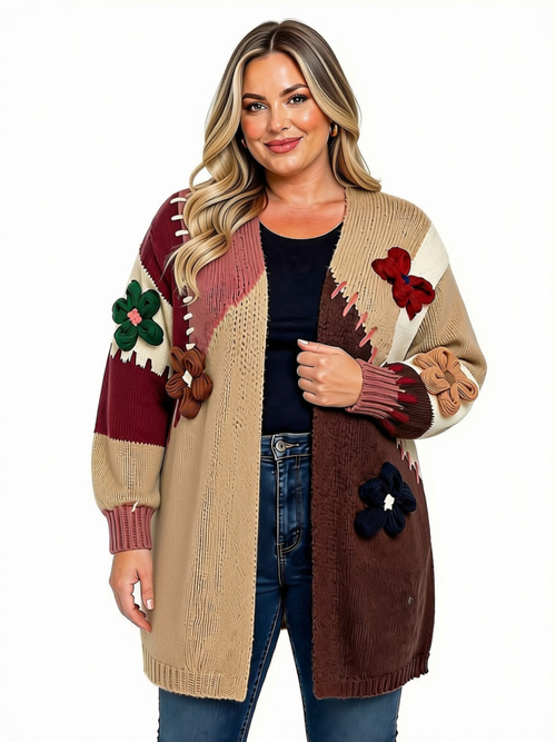 Long Knitted Cardigan with Chunky 3D Flowers