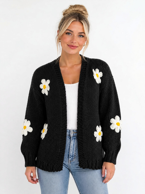 Black Knitted Cardigan with 3D Knitted Sweaters