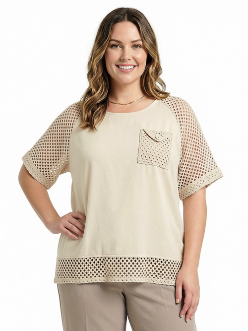 One Size Beige Boho Top with Crochet Sleeves and Pocket