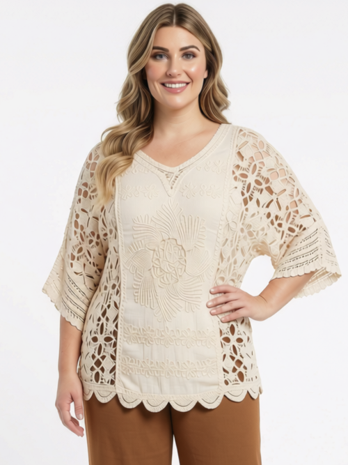 One Size Beige Boho Crochet Cotton Top