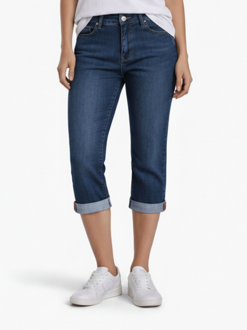 Premium Angela Mid Stone Wash Capri, brown stitching