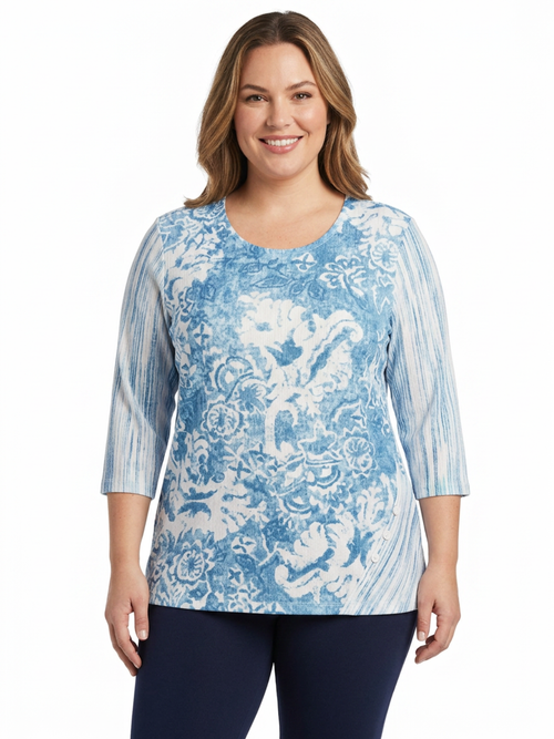 Modes Crystal | Chambray Floral/Striped  3/4 Sleeve Top