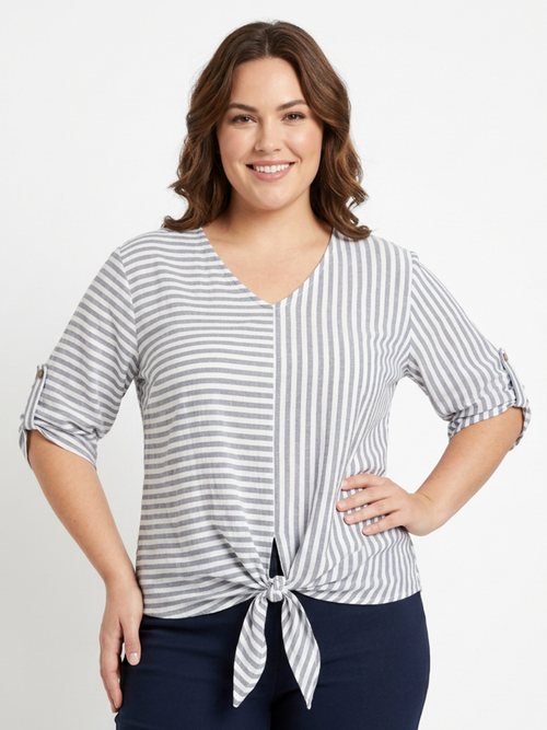 Modes Crystal | Denim Striped Top with Front Tie
