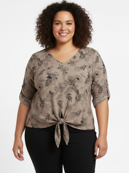 Modes Crystal | Cocoa Floral Print V-Neck Top with Front Tie