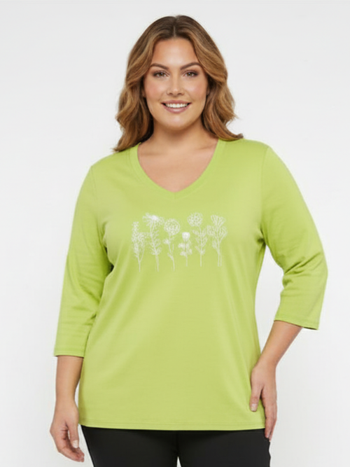 Modes Crystal | Lime V-Neck Top with Flower Accent