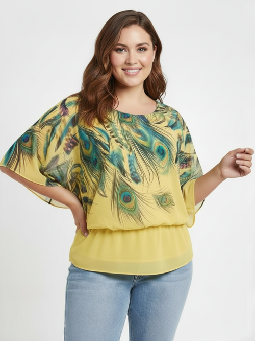 Yellow Poncho Top with Peacock Feathers