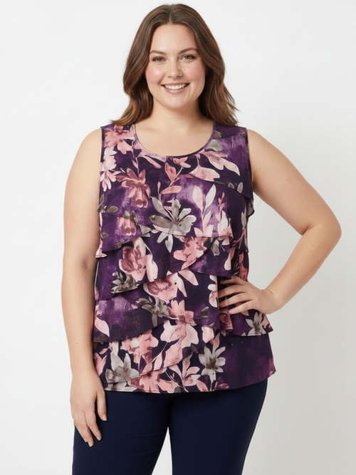 Purple Floral Mesh Ruffle Sleeveless Top