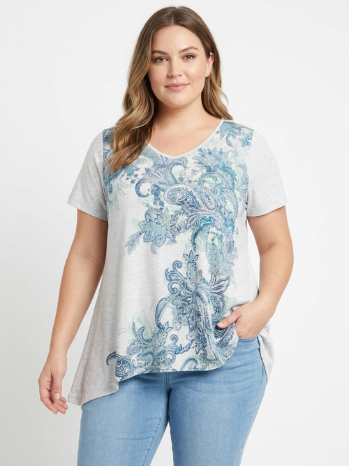 Grey Short Sleeve Tunic Top with Navy/Teal Paisley Print
