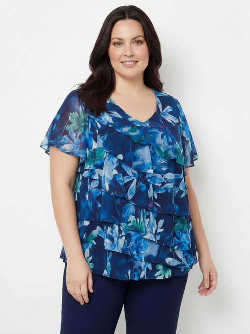 Blue Floral Mesh Ruffle Layered Top