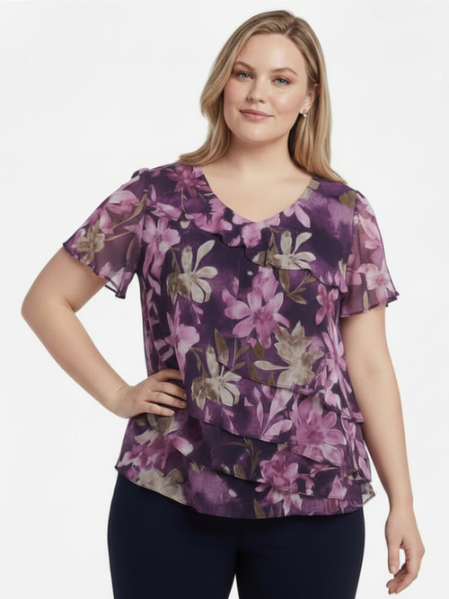 Purple Floral Mesh Ruffle Layered Top