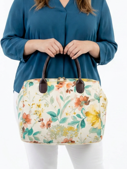 Floral Printed Tapestry Handbag, Peach/Teal