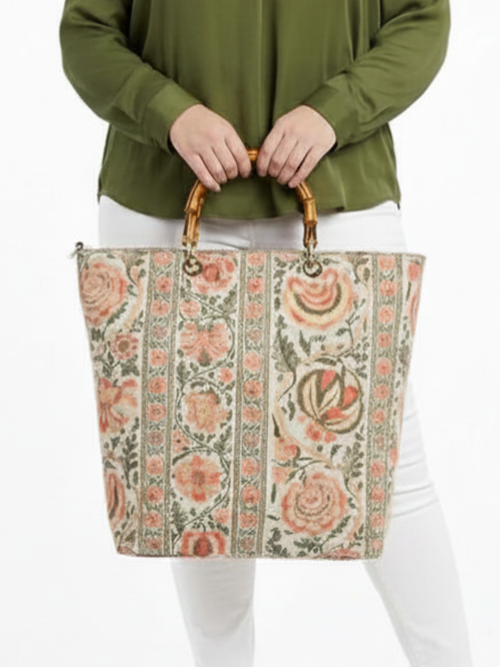 Floral Embroidered Tapestry Bag, Olive/Coral/Peach
