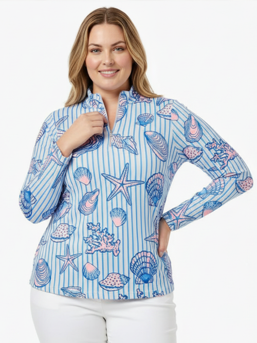 Tango Mango | UPF Long Sleeve Zip Top with Sea Shells