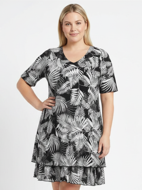 Tango Mango | Short Sleeve Layered Dress, Black /White Leaf Print”