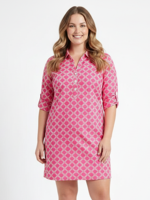 Tango Mango | Fuchsia / White Print  3/4 Sleeve Dress