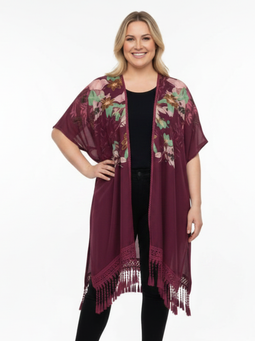 Burgundy Floral Kimono with Lace Back
