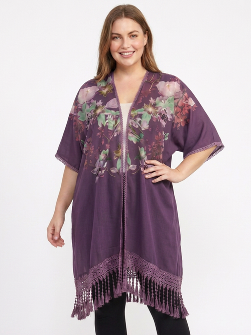 Lavender  Floral Kimono with Lace Back