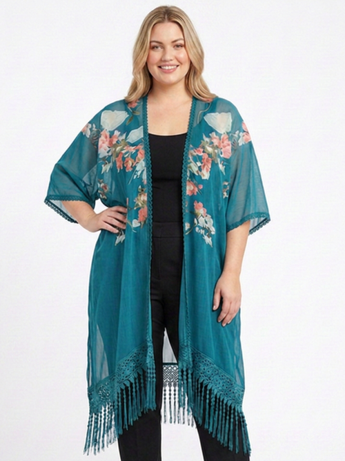 Teal Floral Kimono with Lace Back