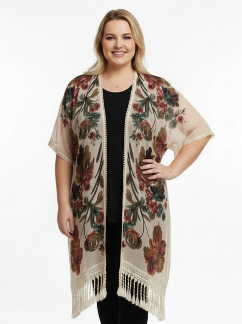 Ivory Floral Print Kimono