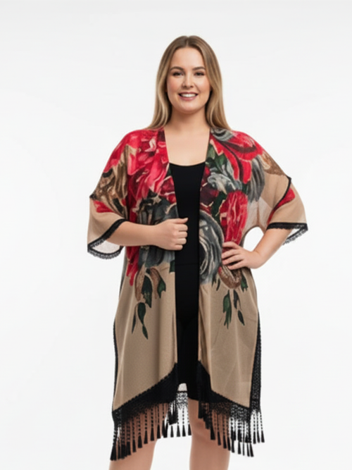 Beige Floral Print Kimono