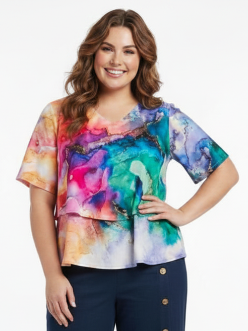 Black LABB Clothing | BL53 -226 Coloured Marble Lillie Short Sleeve Layered Top