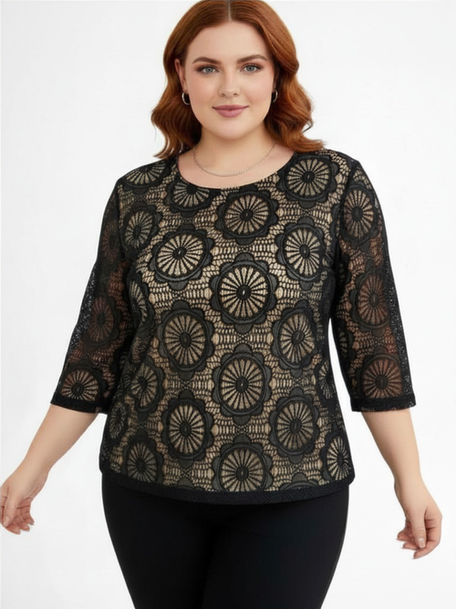 Parsley & Sage | Leva Black Lace Top with Beige Underlay
