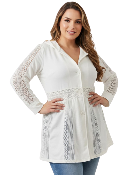 Parsley & Sage | Ivory Button Up Hoodie Jacket with Crocheted Accents