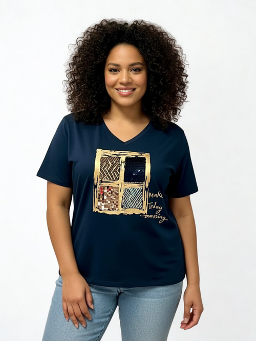 Michael Tyler | Navy Square Sequin Cotton Top, "Make Today Amazing"