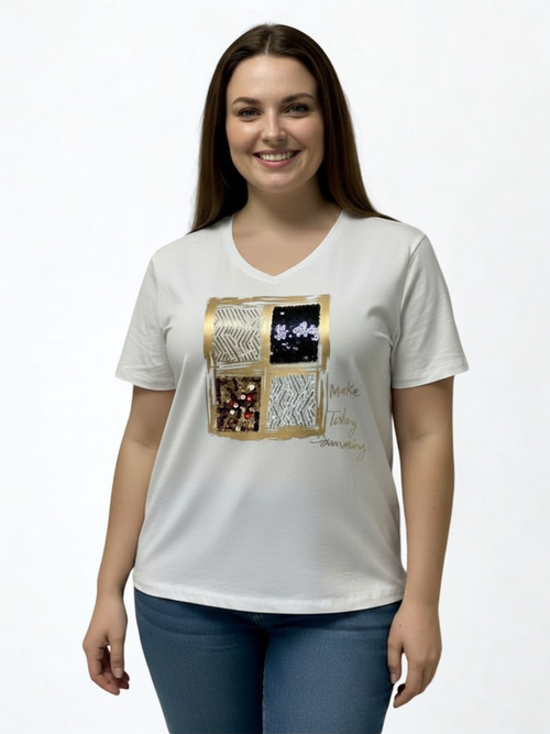 Michael Tyler | Ivory Square Sequin Cotton Top, "Make Today Amazing"