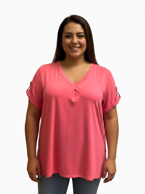 Michael Tyler | Coral  V-neck Top, Short Sleeve with Pleated Front