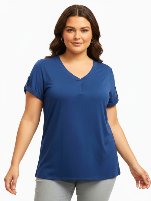Michael Tyler | Denim V-neck Top, Short Sleeve with Pleated Front