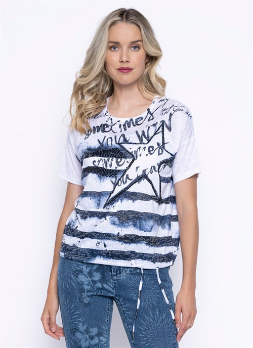 Picadilly | Printed Top, with Drawstring Hemline, short sleeve, white, denim
