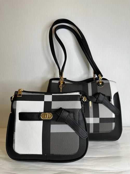 Black Plaid 2 Piece Purse Set with Knotted Strap