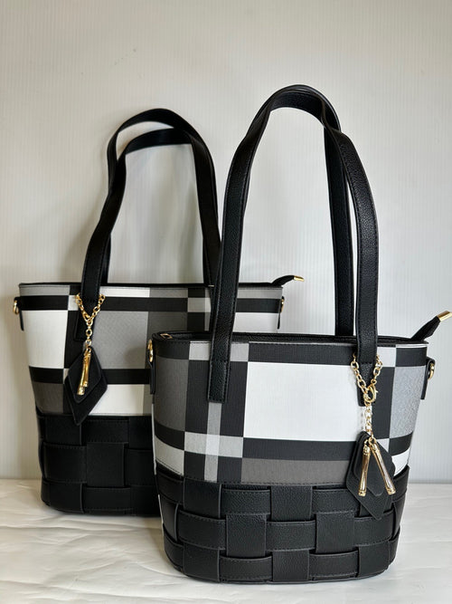 Black Plaid 2 Piece Purse Set with Basketweave Bottom