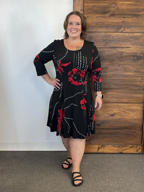 Bali | Black and Red Floral Dress, 3/4 Length , and Sleeve