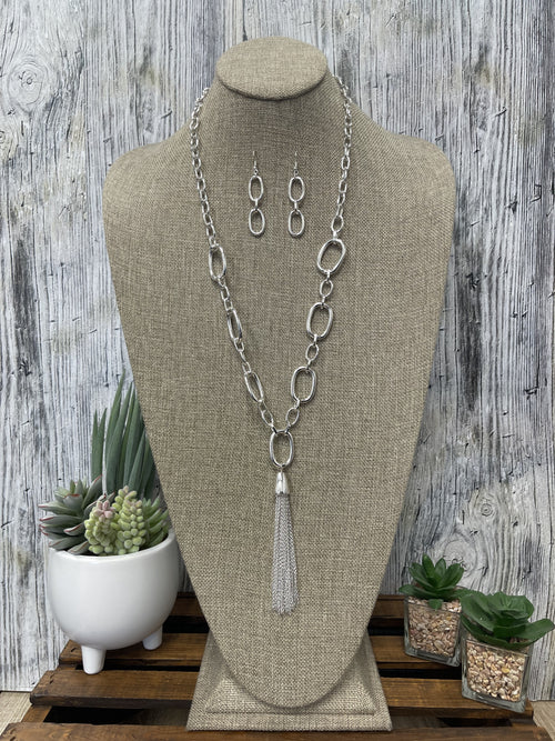 Silver  Necklace Set, Link Chain with Tassle, Silver