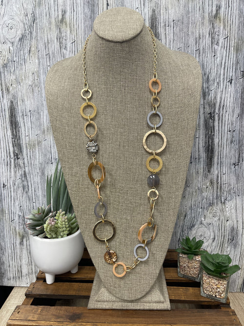 Necklace, brown, coral, gold rings