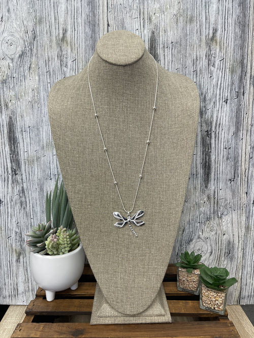 Long Silver Dragonfly Necklace