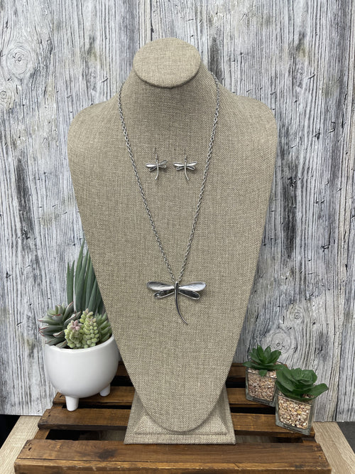 Silver Dragonfly Necklace Set with Resin accent Wings