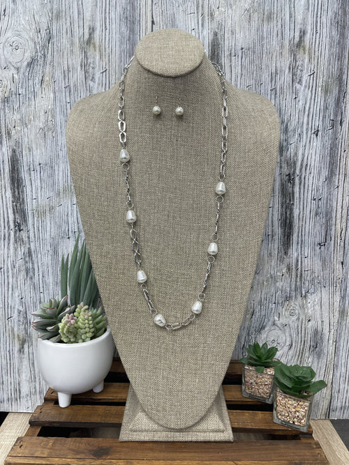 Silver Necklace Set with Pearl Beaded accents