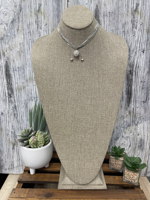 Silver Necklace Set, with Rhinstone Ball Pendant, Short