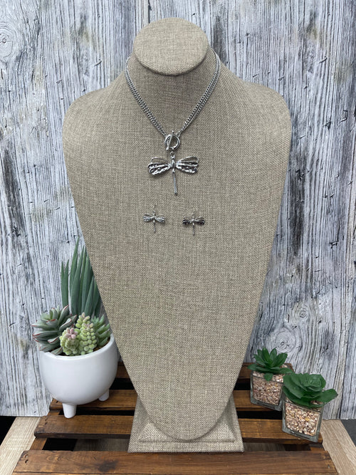 Silver Necklace Set,  Dragonfly Pendant, Short