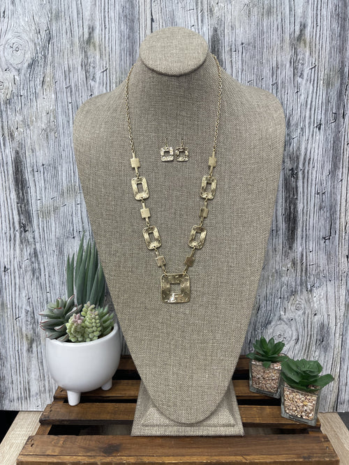 Gold  Necklace Set, Square Casting Pendant, Long