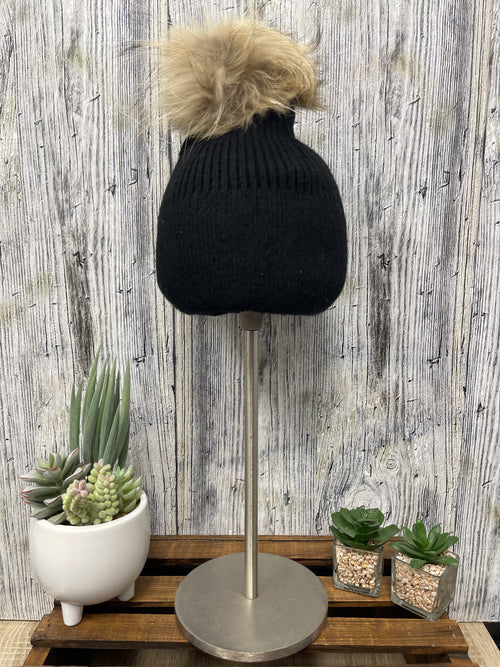 Knitted Hat with Removable Fur Pom Pom Hat in Black