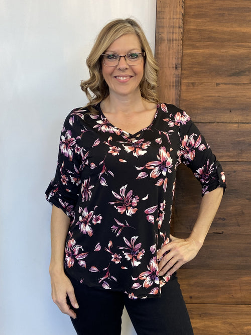 Pink/Black V-Neck top with Criss Cross