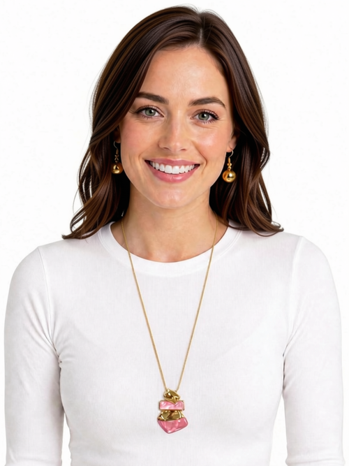 Gold Necklace Set with Coral/Gold Pendant