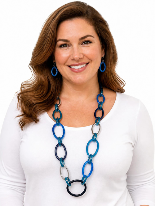 Resin Chain Link Necklace Set in Shades of Blue