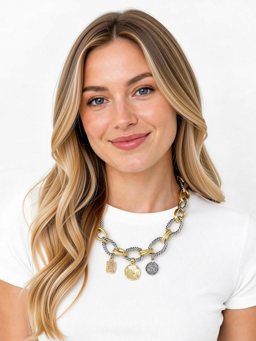 Silver/Gold Chain Link Necklace with Pressed Pendants