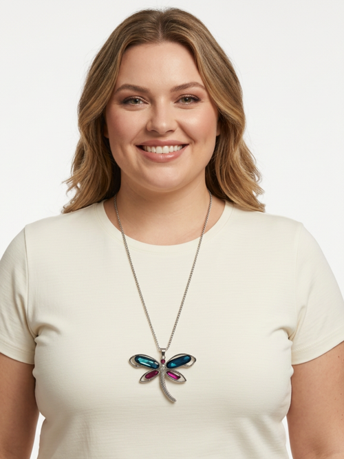 Silver Dragonfly Necklace, blue