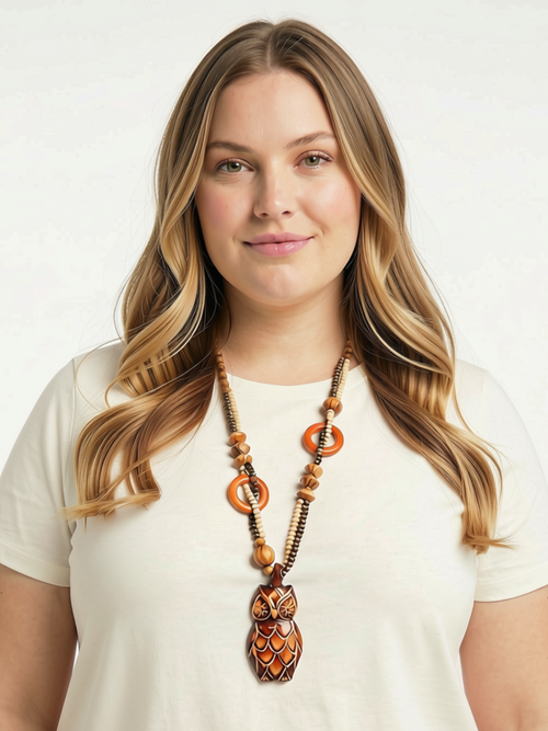 Boho Wooden Necklace with Owl